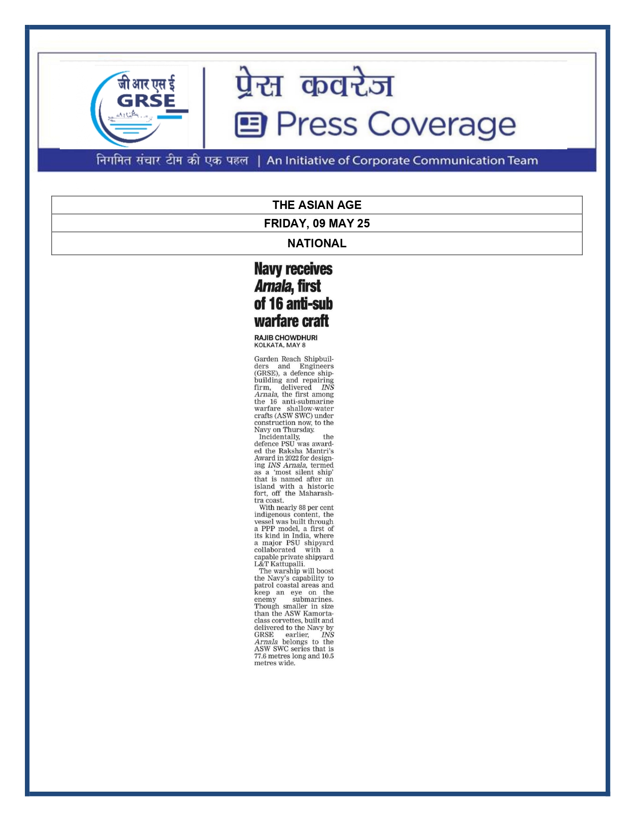 Press Coverage : Navy get anti-submarine INS Arnala 